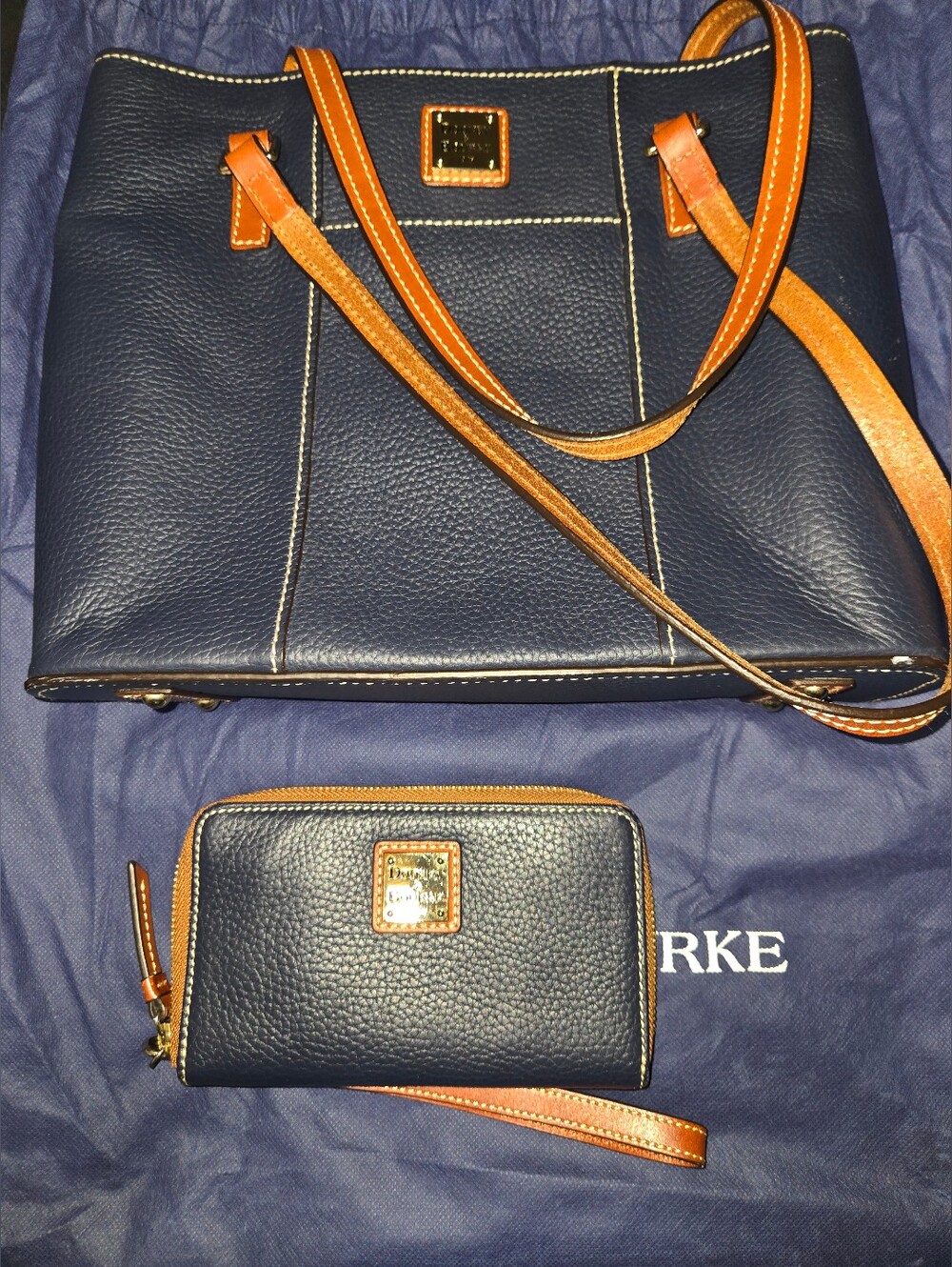 Dooney & Bourke Pebble Grain Leather Matching Tote & Wristlet - Dark Blue
